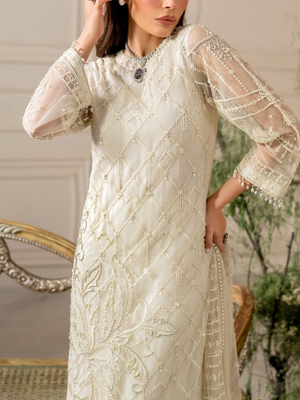 Elegant Long Sleeve Beaded Maxi Dress - Cream - Picture 7 of 7